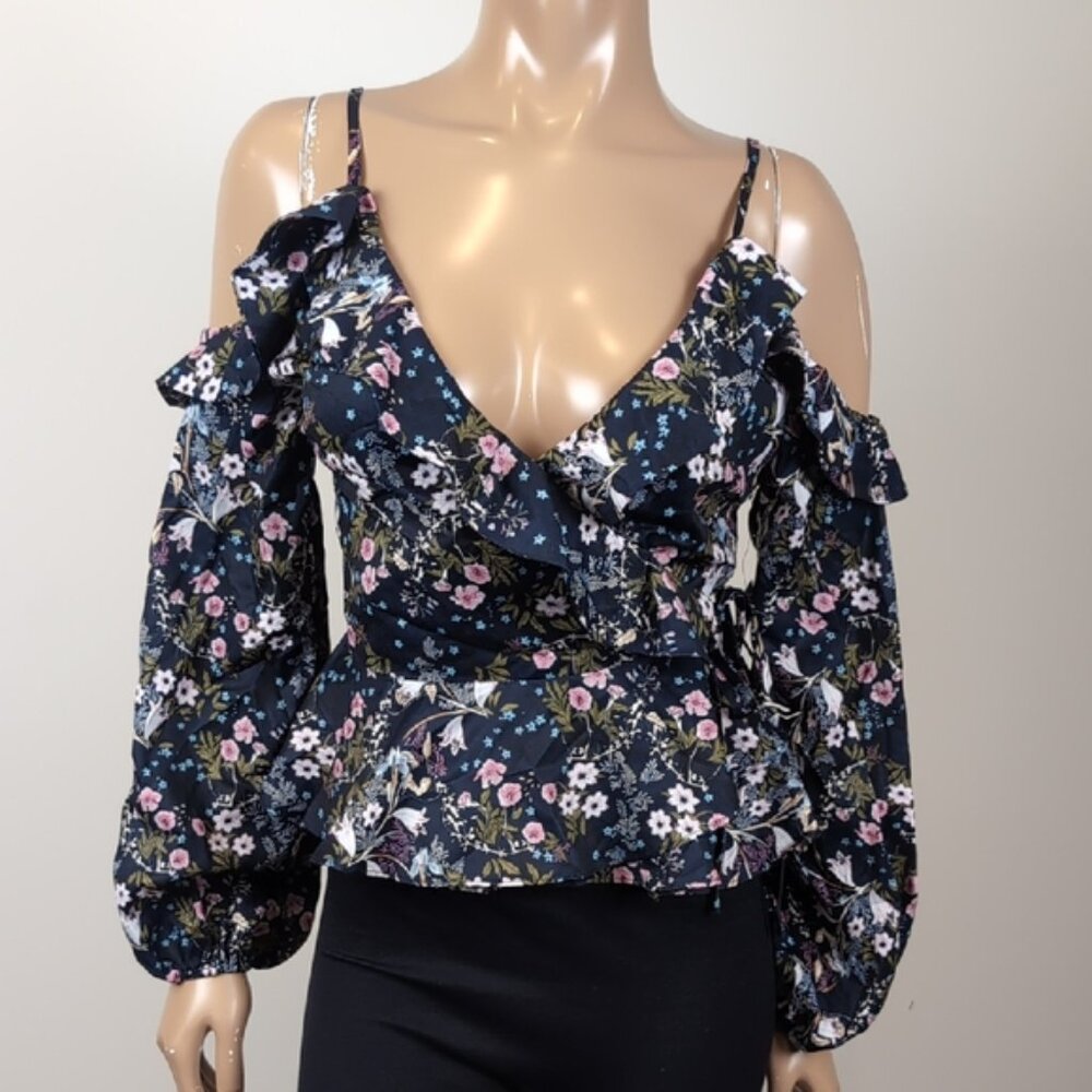 NEW Design Lab Floral Cold Shoulder Wrap Top Long Sleeve Ruffle Lord & Taylor - Picture 14 of 14